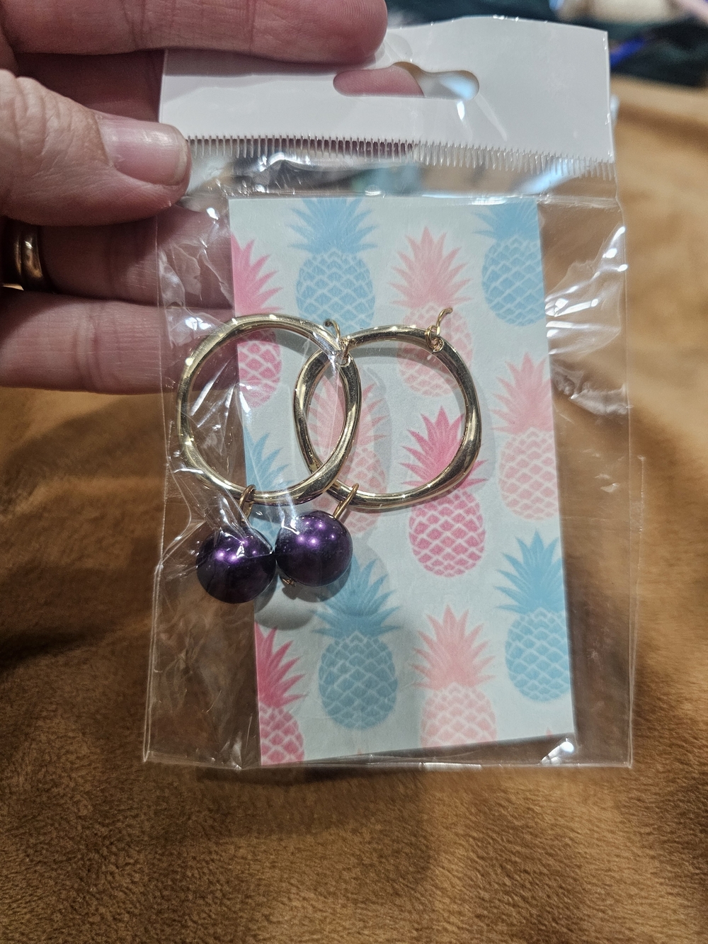 Gold Hoop Earrings with Purple Bead Drops